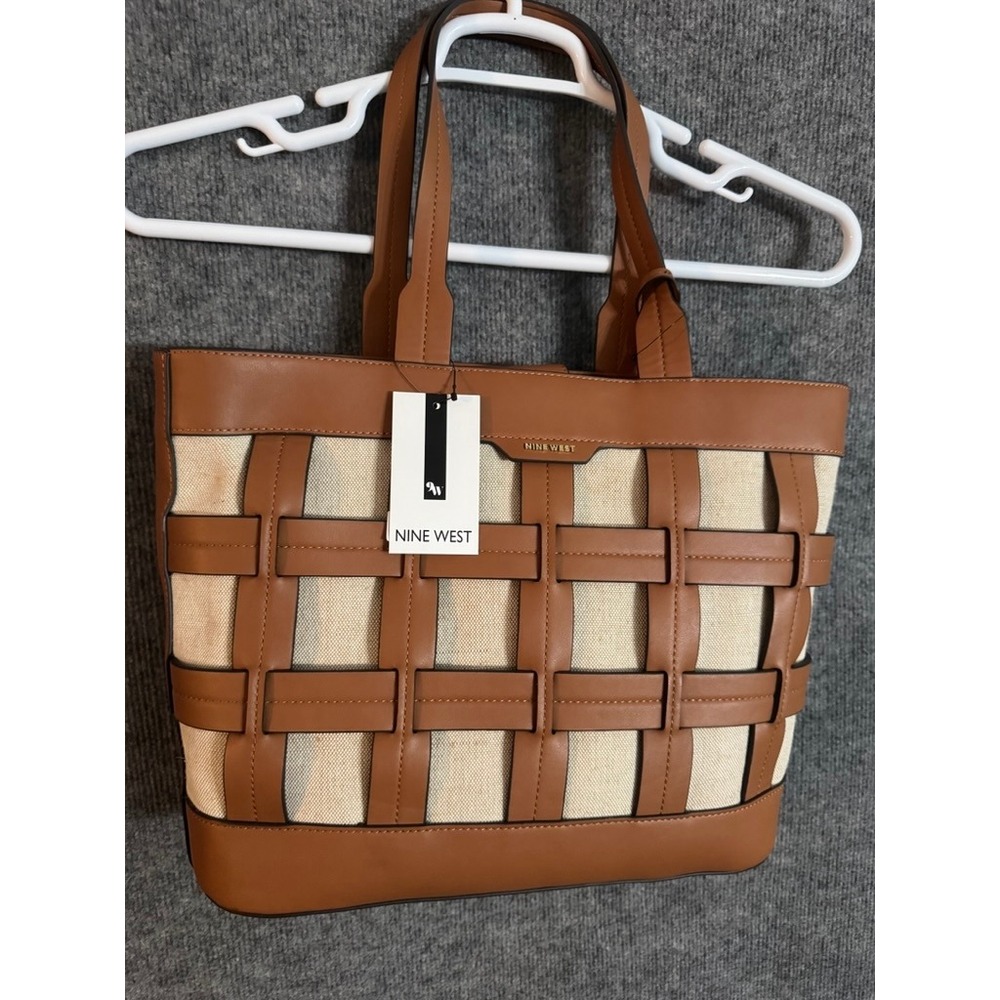 NWOT Nine West Sutton Place Tote Bag Caramel Canvas Woven Cage WGN111623 - Picture 2 of 14